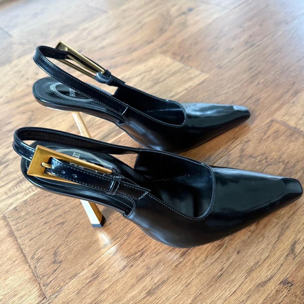 NWOB Hochfart Black Slingback Pumps Stilettos Size 6 Shoes Gold Accents 4" Heel